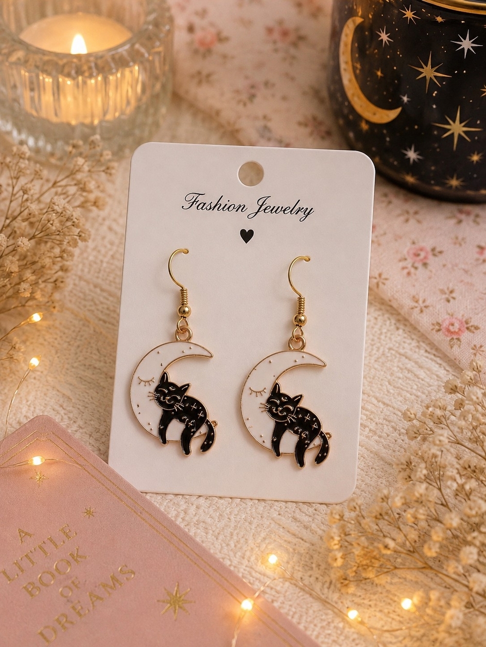 Black Cat & Crescent Moon Dangle Earrings New